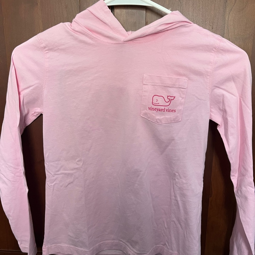 Vineyard Vines pink long sleeve hooded tshirt- whale print on back